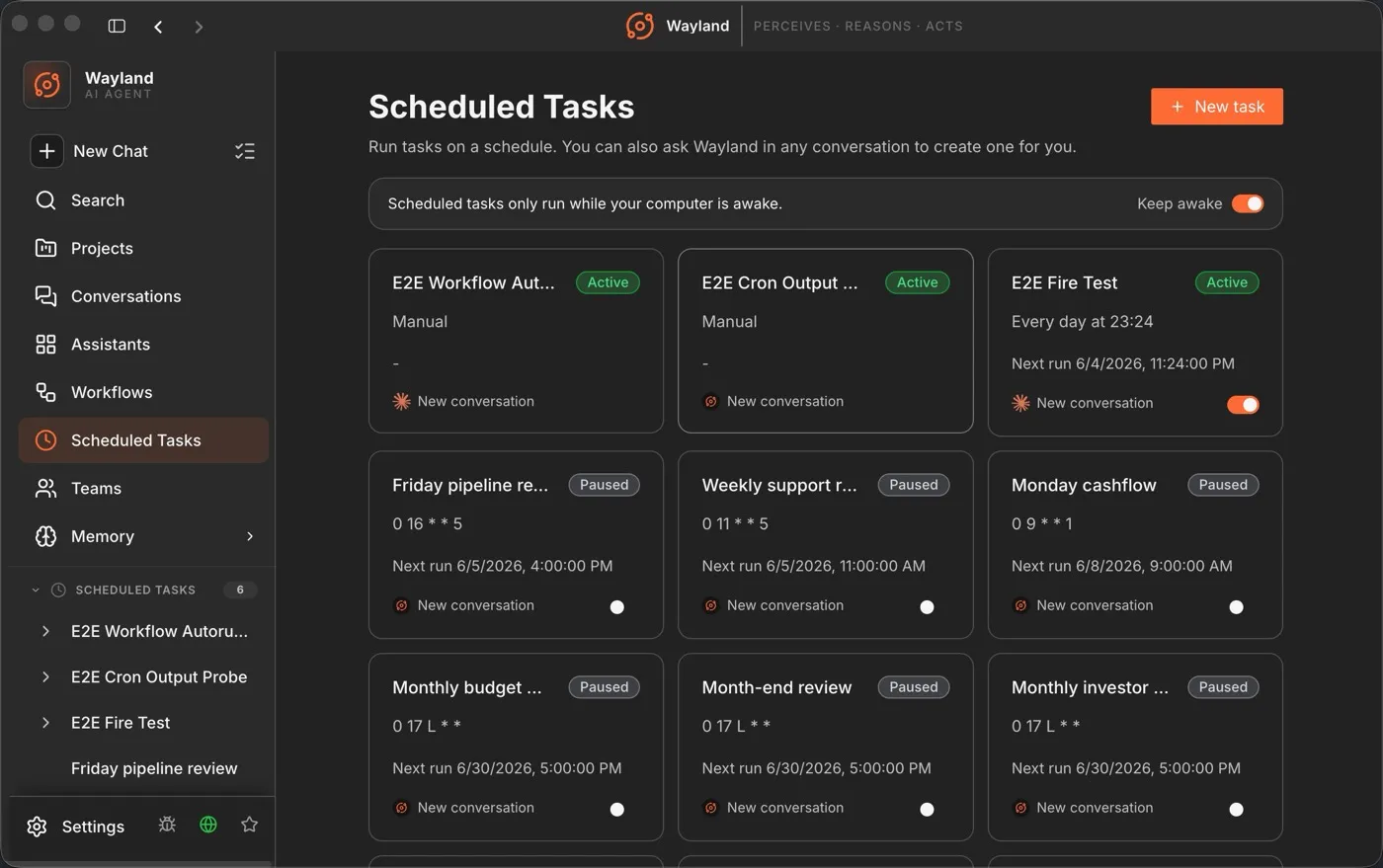 Wayland Scheduled Tasks screen